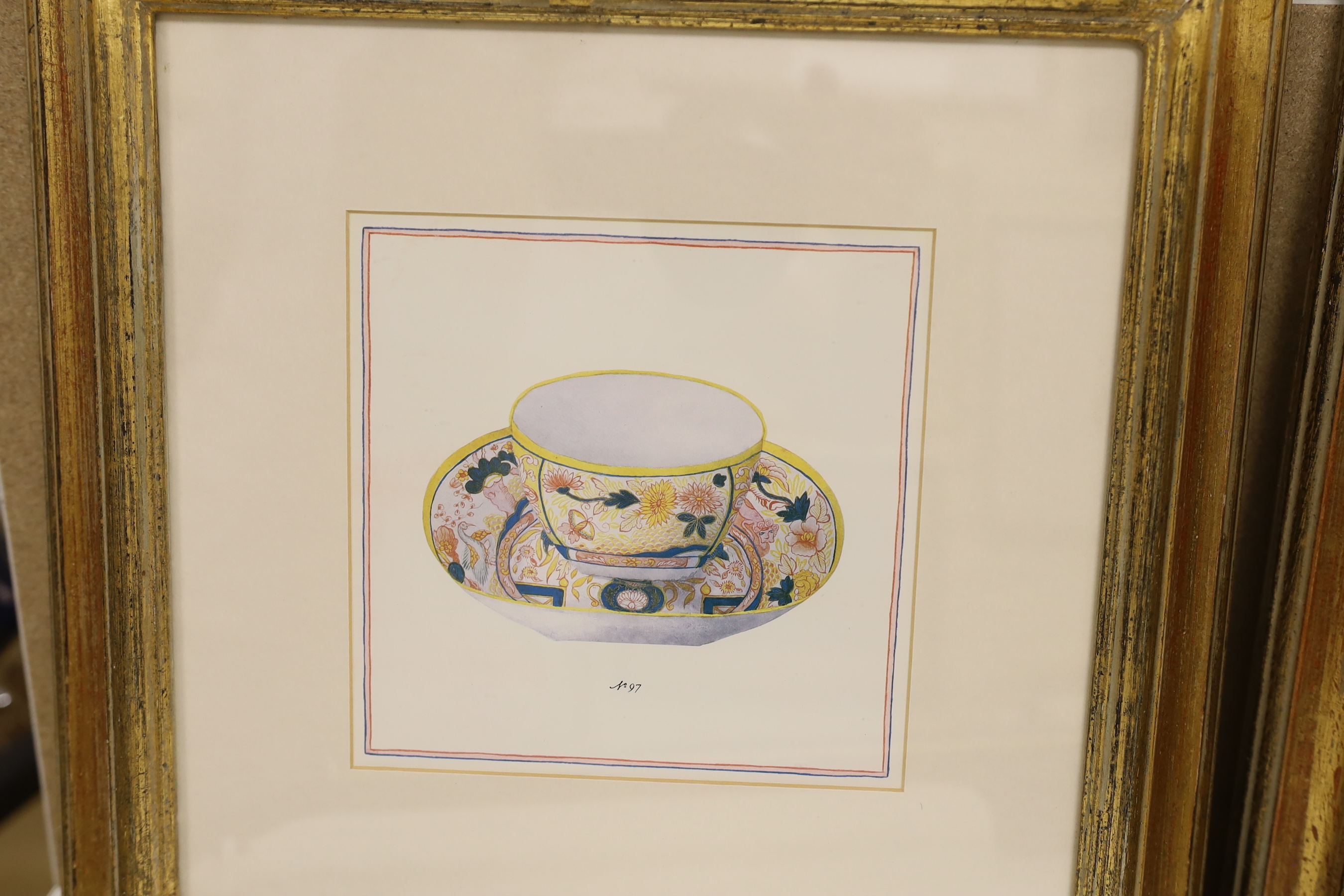 Set of six modern colour prints of tea cups and saucers, 16.5 x 16.5cm